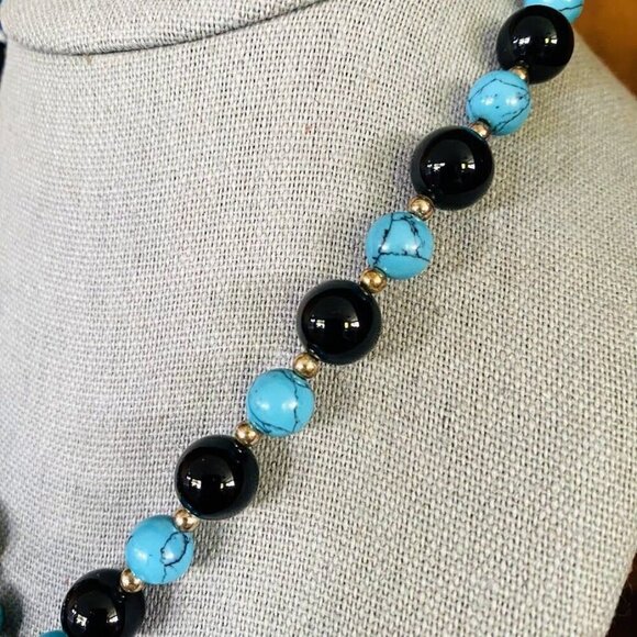 Vintage GSJ 925 Sterling Onyx and Turquoise Pendant Necklace - Picture 3 of 4
